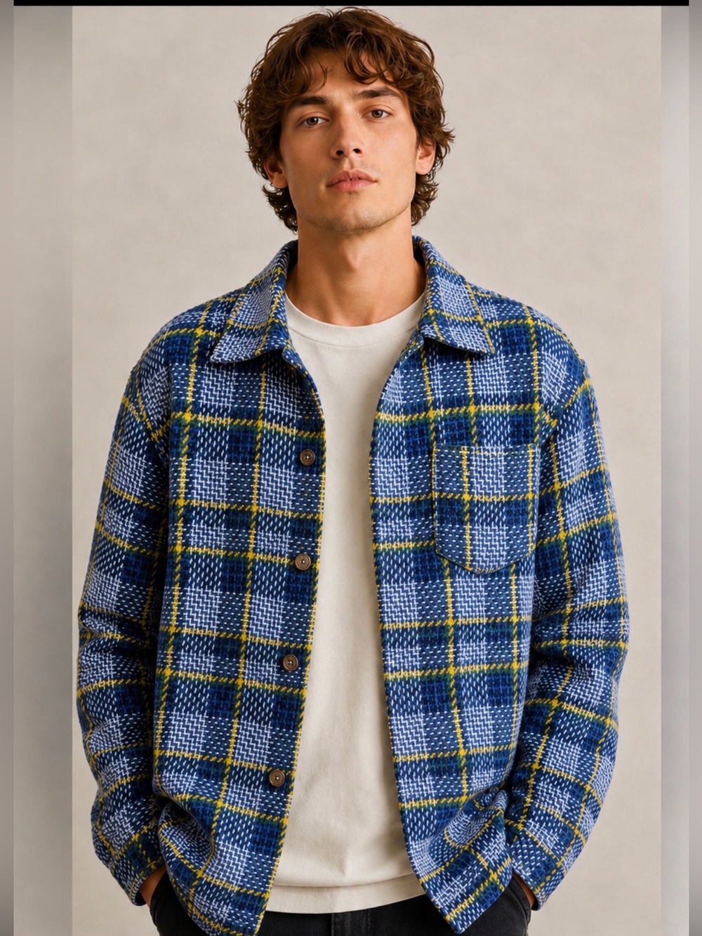 Urban Outfitters Men’s Plaid Shacket M Blue Yellow Woven Overshirt Jacket Grunge